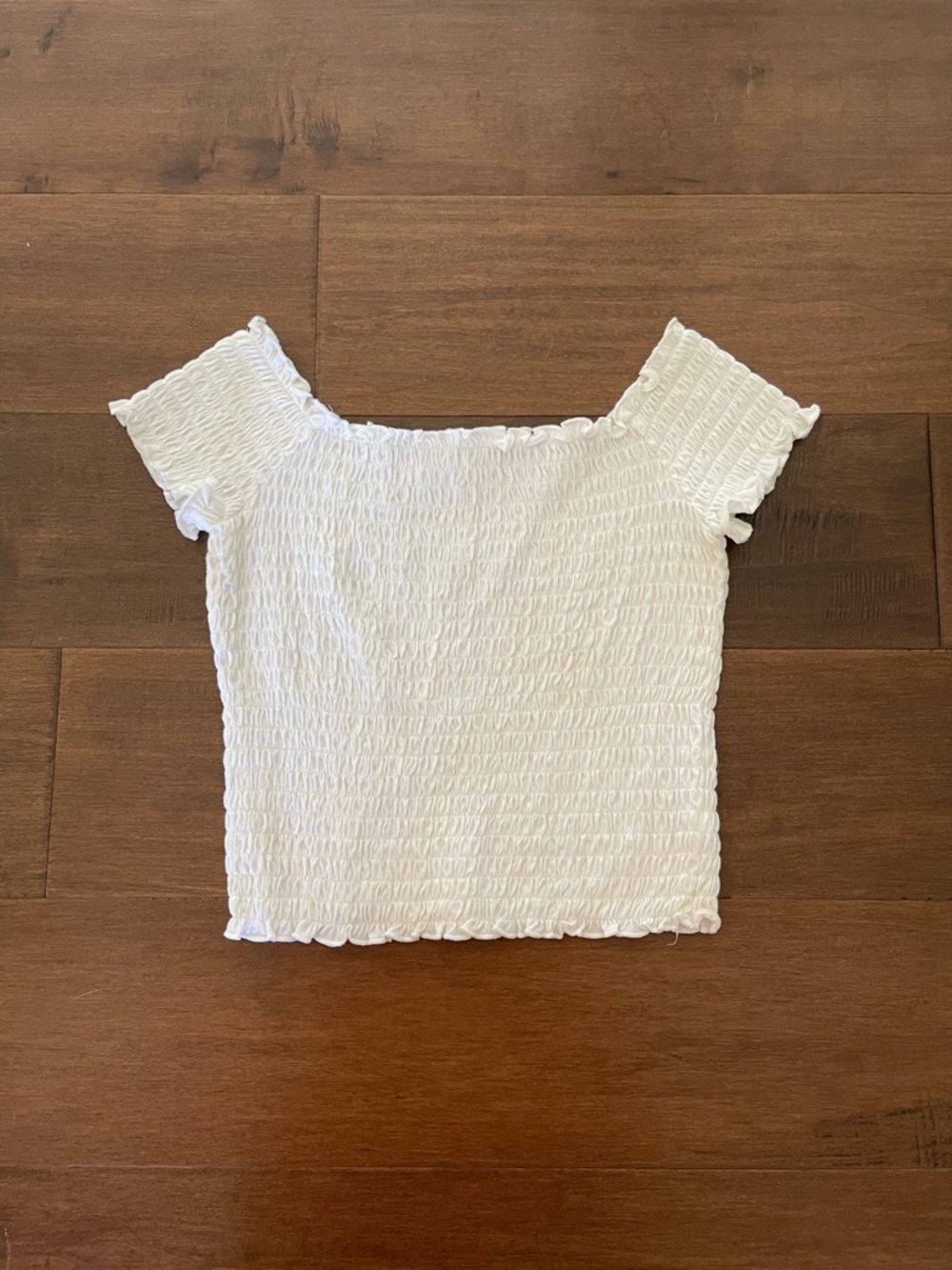 SO White Smocked Off-Shoulder Crop Top
